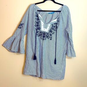 Blue island medium embroidered top stripes navy and white (g1)